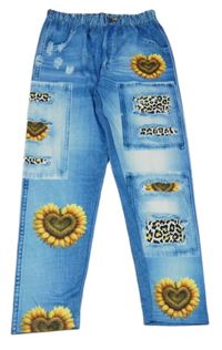 Světlemodré legíny s riflovým vzhledem s květy a leopardím vzorem 