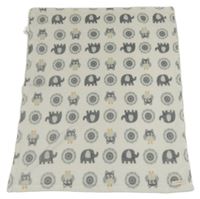 Bílo-šedá plyšová deka se slony a sovami 