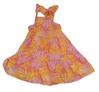 Růžovo-oranžové květované plátěné šaty s volánky Primark