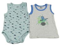 2set- světlešedo-modré tílko s dinem+ modré body s rybami