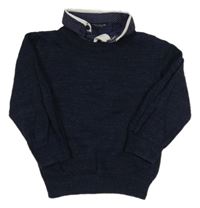 Tmavomodrý melírovaný svetr s košilovým límečkem zn. Next