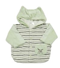 Bílo-černo-zelená pruhovaná sametová podšitá propínací mikina se sobem a kapucí 