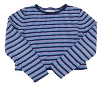 Modro-růžovo-tmavomodrý pruhovaný žinylkový crop svetr Zara