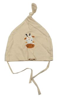 Světlebéžová zavazovací čepice se žirafou Baby dream