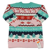 Zeleno-růžovo-červené pletené vzorované šaty se Santou Dunnes