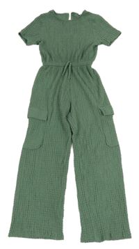 Zelený mačkaný kalhotový overal s kapsami Zara