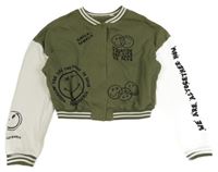 Khaki-bílá baseballová crop mikina se smajlíky H&M
