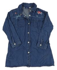 Tmavomodré riflové košilové propínací šaty s kytičkami 