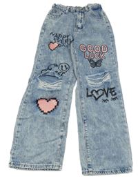 Modro-bílé plísňové wide leg rifle s nápisy a motýlkem a smajlíkem a děravými koleny SHEIN