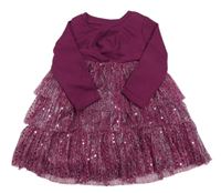 Fialové žebrovano-tylové slavnostní šaty se třpytkami 