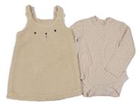 2set - Béžové huňaté šaty se zajíčkem + pudrové body s puntíky 