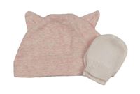 2Set - Světlerůžová melírovaná čepice s oušky carter's + světlerůžové pletené rukavice Mothercare