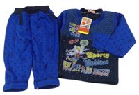 2Set - Safírovo-tmavomodrá vzorovaná mikina s číslem a pejskem a nápisy + tepláky s vločkami