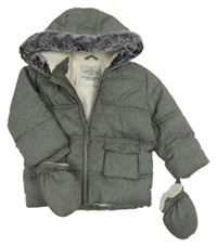 Tmavošedá melírovaná prošívaná šusťáková zimní bunda s kapucí s kožešinou George