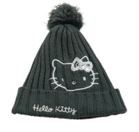 Tmavošedá žebrovaná pletená čepice s Kitty s flitry a bambulí 