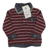 Nové - vínovo-šedé pruhované melírované triko se všitou košilí Topomini