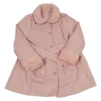 Světlerůžový flaušový kabát s límečkem a kožešinou a páskem