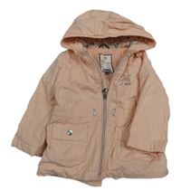 Broskvová šusťáková jarní zateplená parka s duhou a nápisy a kapucí C&A