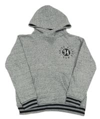 Šedo-černá melírovaná mikina s číslem a nápisy a kapsou a pruhy a kapucí H&M