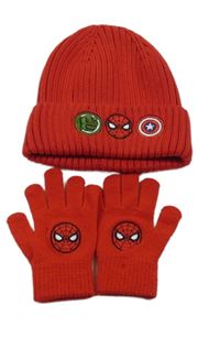 2Set - Červená žebrovaná čepice se znaky Avengers + prstové rukavice se Spider-manem H&M