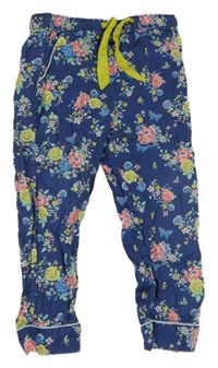 Tmavomodré cuff lehké plátěné kalhoty s kytičkami a motýlky M&S
