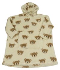 Smetanové huňaté domácí šaty s medvídky a kapsou a kapucí s oušky George