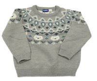 Šedý melírovaný pletený svetr s medvídky a vzorem lupilu