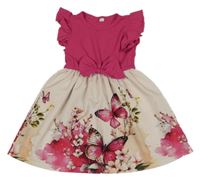 Světlepudrovo-tmavorůžové šaty s motýlky a skvrnami a žebrováním a volánky 