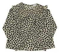 Smetanovo-černá kytičkovaná mačkaná halenka s volánky MANGO