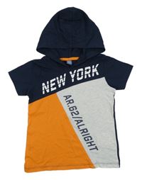 Tmavomodro-oranžovo-šedé/melírované tričko s nápisy a kapucí dopodopo