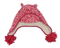 Bílo-tmavorůžová vzorovaná fleecová čepice s oušky a třásněmi Debenhams