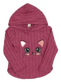 Malinové melírované žebrované úpletové triko s kočkou a kapucí