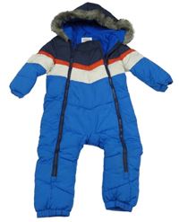 Modro-tmavomodro-smetanová šusťáková zimní kombinéza s kapucí F&F