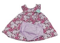 Nové - 2set - Bílo-vínovo-lila květované plátěné šaty + lila kalhotky na plenku Obaibi