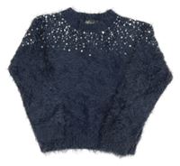 Tmavomodrý chlupatý crop svetr s flitry Alive