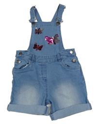 Modré riflové laclové kraťasy s motýly z překlápěcích flitrů Topolino