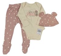 3 set - Béžové body s nápisem a Minnie + starorůžové polodupky + čepice George