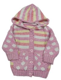 Růžovo-bílo-žlutý pruhovaný/puntíkatý propínací svetr s kapucí Nutmeg