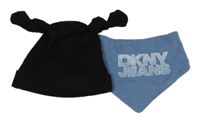 2 set - černá žebrovaná čepice + modrý slinták s logem DKNY