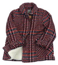 Tmavomodro-červeno-bílý vzorovaný vlněný zateplený kabát Next