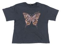 Antracitové tričko s motýlem s flitry George