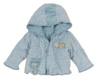 Světlemodro-bílá pruhovaná sametová zateplená propínací mikina se zvířátky a kapucí 