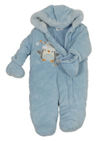 Světlemodrá plyšová zateplená kombinéza s tučňákem a kapucí + rukavice F&F