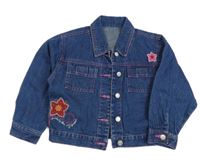 Tmavomodro-růžová riflová crop bunda s květy 