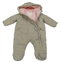 Šedo-růžová šusťáková zimní kombinéza s mašlemi a kapucí Tu