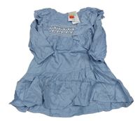 Nové - Světlemodro-bílé šaty s volánky s madeirou Primark