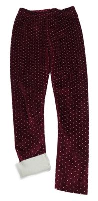 Vínovo-bílé puntíkaté plyšové zateplené legíny 