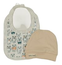 2set - světlerůžová čepice + bílý bryndák s medvídky 