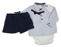 Nové - 2set - světlemodrá vzorovaná košile s motýlkem a všitým body + tmavomodré kraťasy Name it
