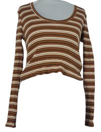 Dámské hnědo-bílé proužkované žebrované crop triko Primark 